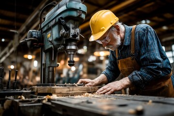 Experienced carpenter using a drill press to precisely work with wood in workshop