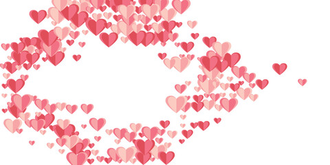 Paper 3D sweet heart shapes romantic background design. Holiday celebration decor. Gift card backdrop. Random heart family signs scatter.