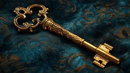 Antique golden key on teal fabric