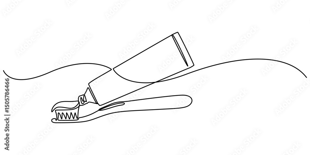 Poster continuous one line drawing of brush with toothpaste. vector illustration, single line drawing illus