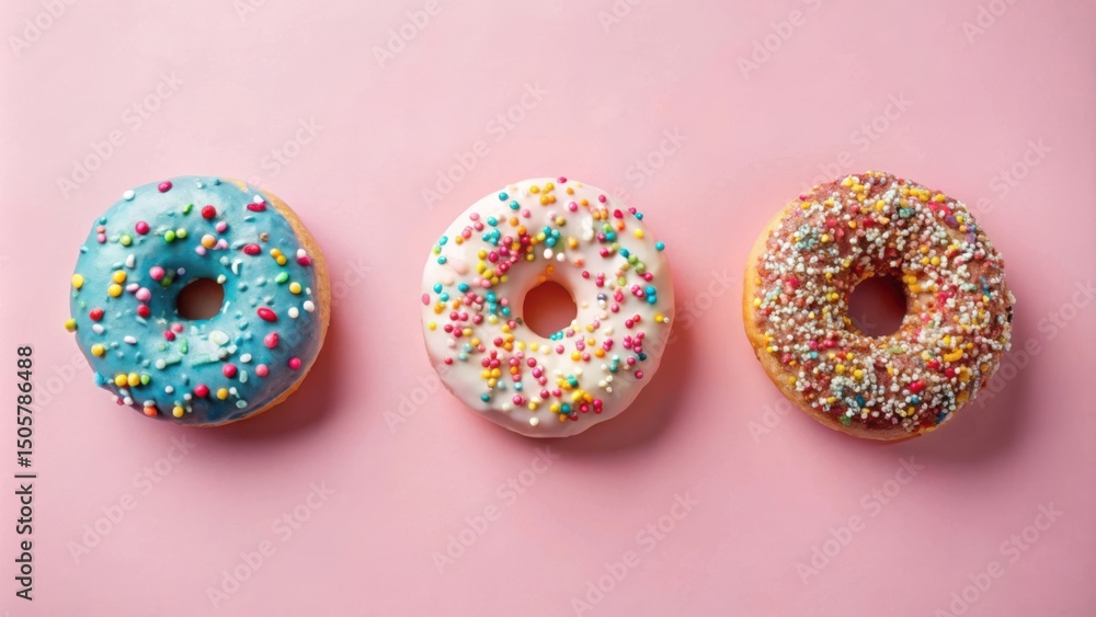 Poster three glazed donuts with sprinkles arranged in a row on a pink background