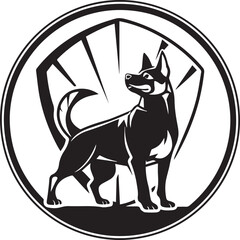 Stylized dog standing proudly with a rising sunburst background, symbolizing strength and optimism. Excellent for motivational branding or hero dog concepts.