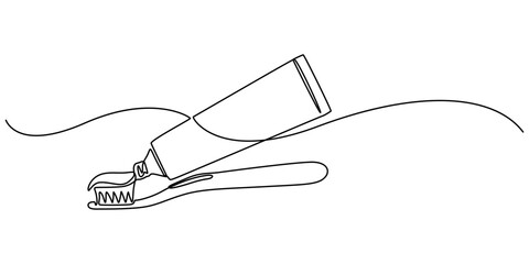 Continuous one line drawing of brush with toothpaste. Vector illustration, Single line drawing illustration of Tooth paste with brush. Branding oral care products concept vector art. Doodle line. 