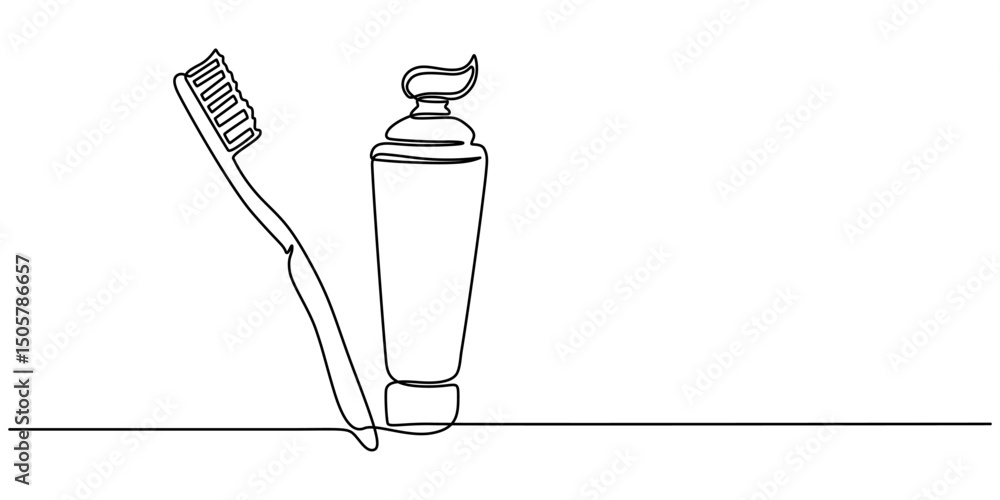 Poster continuous one line drawing of brush with toothpaste. vector illustration, single line drawing illus
