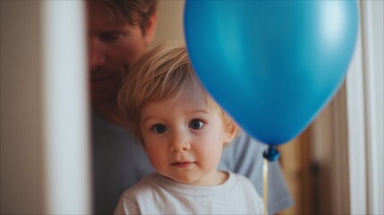 Child holds blue balloon while parent watches in cozy indoor setting during afternoon