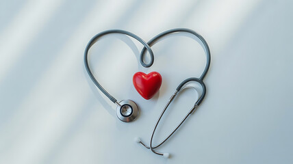 Clean composition of stethoscope forming a heart shape around a small red heart model, isolated on white background