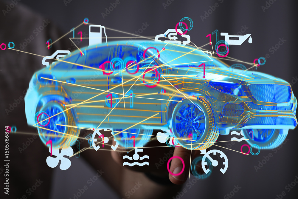 Poster futuristic digital car model showcasing iot and vehicle diagnostics.