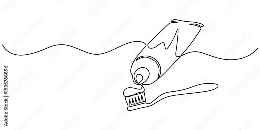Poster continuous one line drawing of brush with toothpaste. vector illustration, single line drawing illus