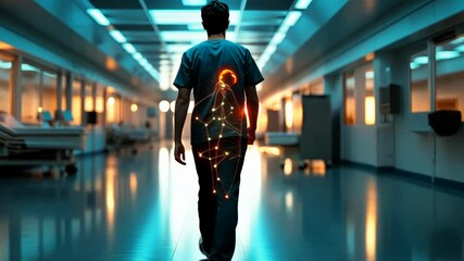A healthcare worker walks down a hospital corridor, a glowing anatomical overlay superimposed on their back, suggesting technological advancement in medicine - Powered by Adobe
