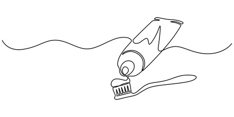 Obraz premium Continuous one line drawing of brush with toothpaste. Vector illustration, Single line drawing illustration of Tooth paste with brush. Branding oral care products concept vector art. Doodle line. 