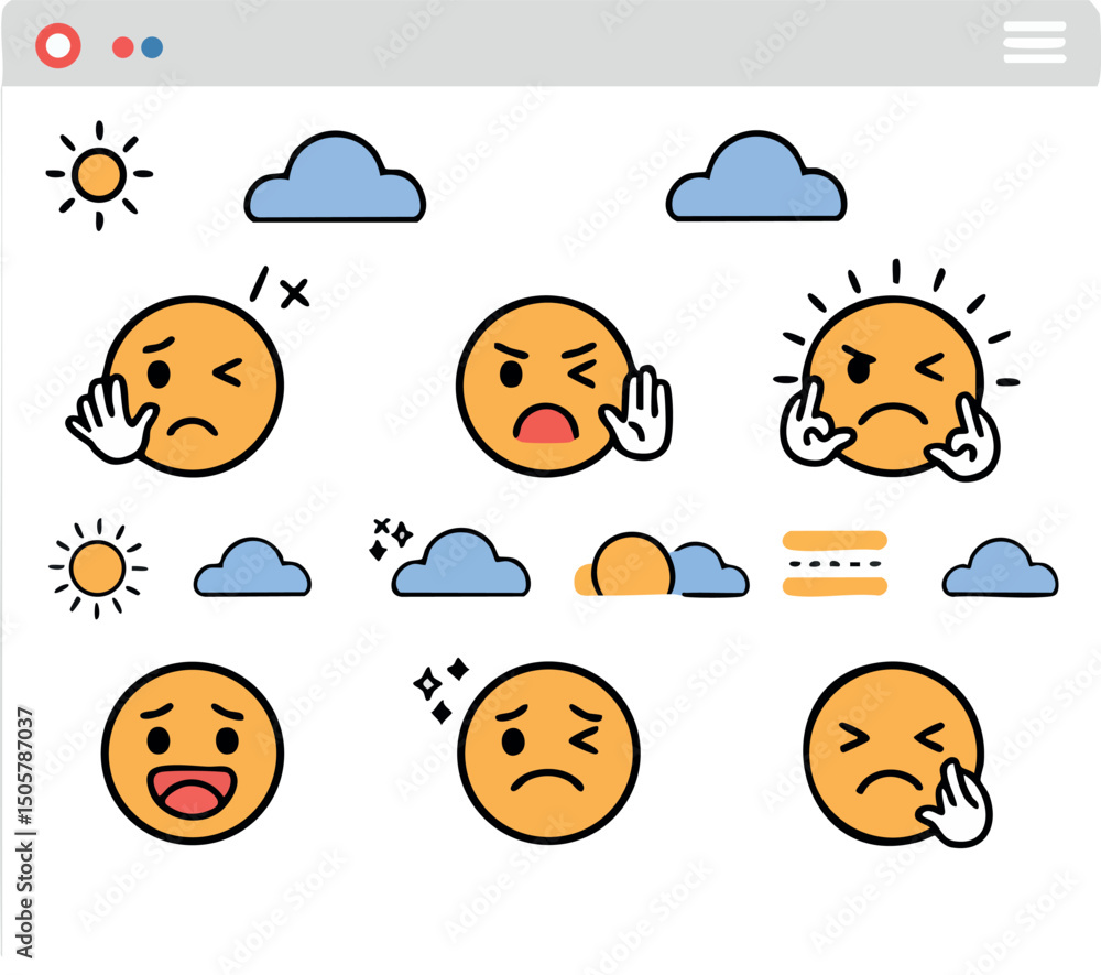 Poster various emoticons expressing different feelings in web browser interface vector illustration