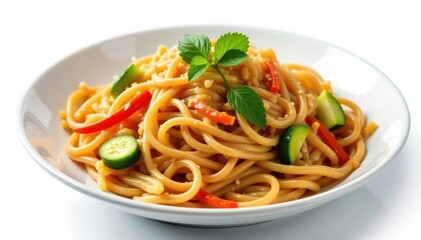 Stir-fried noodles with vegetables, isolated on white , wok, meal, asia