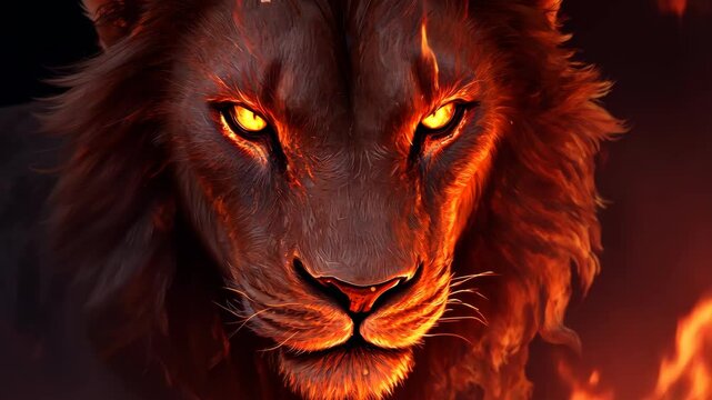 Fiery lion animation breathing flames with intense glowing eyes in dramatic closeup