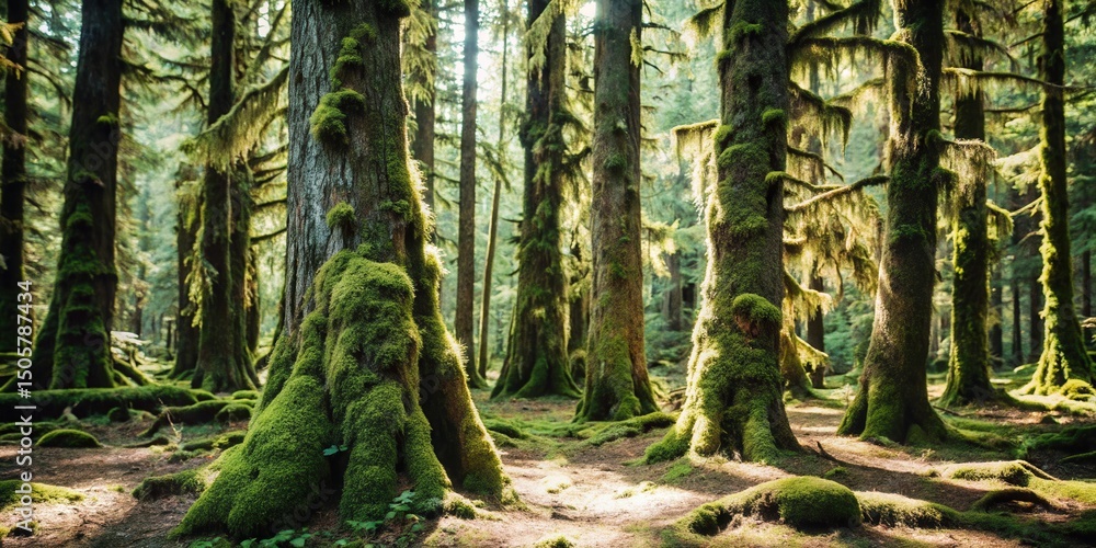 Poster sunlight filters through the dense canopy of a moss-covered forest, illuminating the gnarled bark an