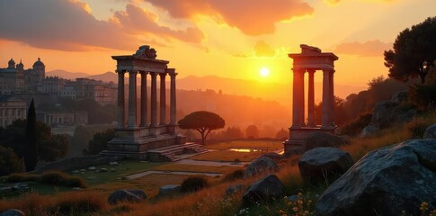 Fototapeta premium Serene sunrise over the Roman Forum, ancient ruins bathed in golden light, a peaceful meditation scene Ideal for travel, history, spirituality themes , urban, Rome, sunrise