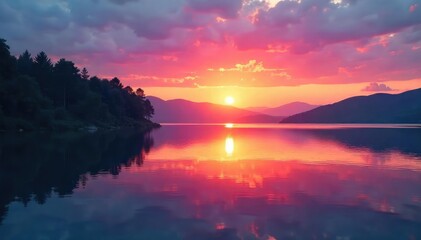 Fototapeta premium Serene sunset over a calm lake, reflecting vibrant colors in the still water Perfect for travel, nature, and tranquility-themed projects , horizon, background, wilderness