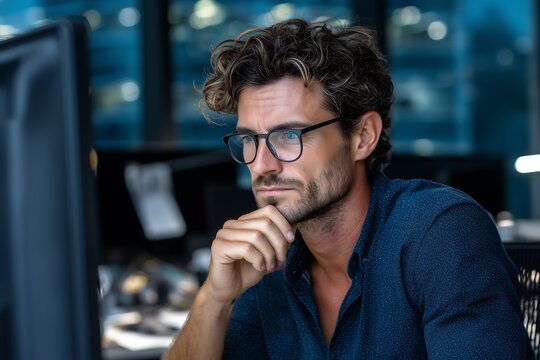 Handsome man working on computer wearing glasses focused on detailed task analysis