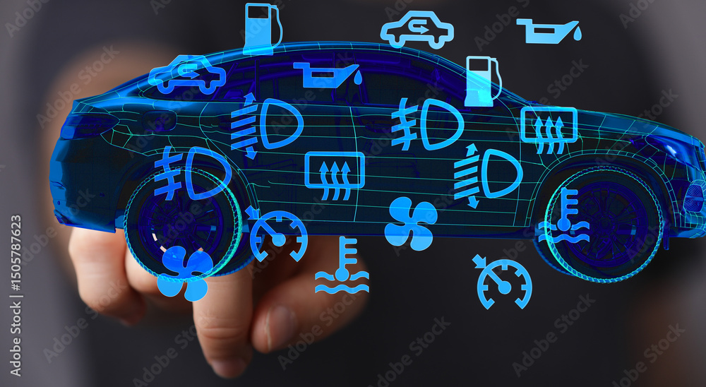 Poster stock photo of a digital car with illuminated warning lights and indicators.