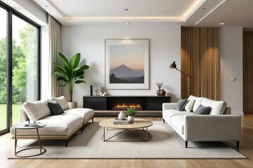 Sleek, minimalist living room after a modern makeover Neutral tones, updated furniture, and stylish accessories create a calm and sophisticated atmosphere , redesign, window, bright