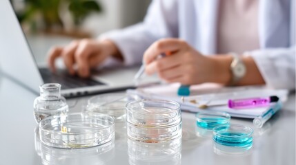 Scientist conducting research in a laboratory environment with petri dishes and a laptop during a bright day