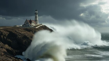 Waves crash dramatically against a rocky coastline near a lighthouse during a stormy afternoon - Powered by Adobe