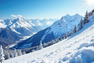 Stunning panoramic view of pristine snow-covered mountain slopes, perfect for skiing Sunlight glistens off the untouched powder, creating a breathtaking winter wonderland , ski run, white
