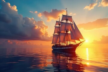 Stunning sunset illuminates a majestic sailing ship on calm ocean waters, its sails billowing gently in the breeze A picturesque scene of nautical beauty , adventure, clouds