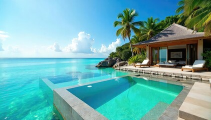 Sun-drenched beach, crystal-clear turquoise water, luxurious private villa with infinity pool overlooking the ocean Escape to paradise and unwind in ultimate comfort , cabana, water, dream vacation