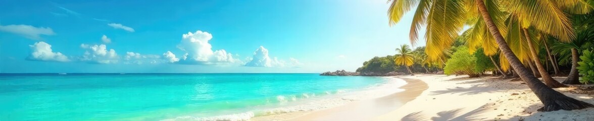 Obraz premium Sun-drenched beach scene with vibrant turquoise water, golden sand, and lush palm trees swaying gently in a warm summer breeze Perfect for travel, vacation, or summer holiday themes , golden, sky