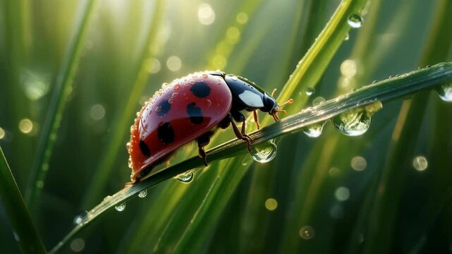 Close-up of a ladybug resting on a green blade of grass during a sunny morning with dew drops glistening around