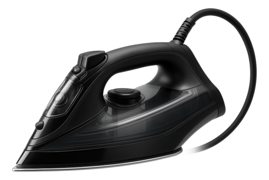 Sleek black electric steam iron with a curved handle and visible water tank on transparent background.