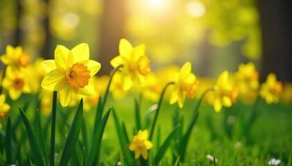 Fototapeta premium Vibrant yellow daffodils blooming in a lush green field, bathed in the warm spring sunlight Perfect for spring themes, Easter, and nature imagery , springtime, elegant