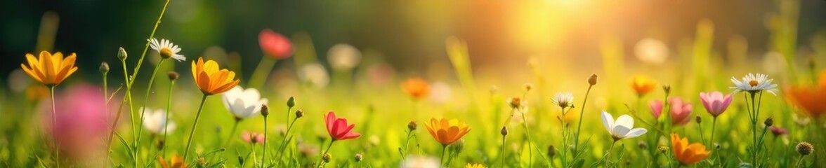 Fototapeta premium A vibrant meadow explodes with wildflowers in the springtime, bathed in the warm glow of the sun Delicate blooms and lush green grass create a breathtaking natural scene , colorful, plant