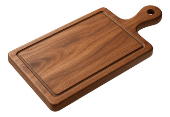 Wooden rectangular cutting board with handle featuring a rich brown grain texture on transparent background.
