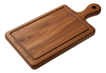 Wooden rectangular cutting board with handle featuring a rich brown grain texture on transparent background.