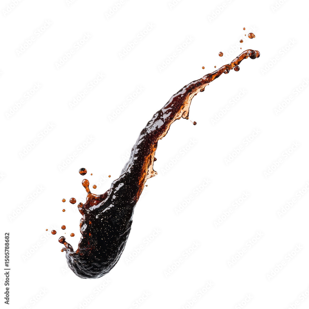 Poster dynamic splash of dark liquid arcs gracefully against transparency background, capturing motion and 