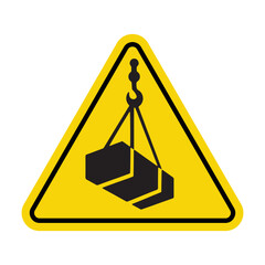 warning sign for overhead load hazard with crane and cargo in yellow triangle for safety