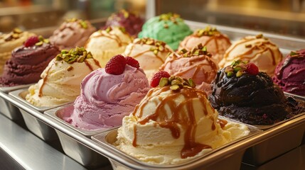 Array of scoops of assorted ice cream