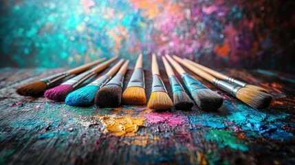 Artistic paintbrushes on a rustic wooden palette