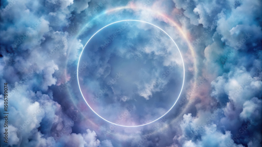 Poster a circular glow of ethereal light shines through wispy clouds in a sky of dreamlike hues.