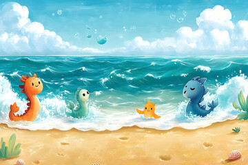 Obraz premium Playful sea creatures on a sunny beach.