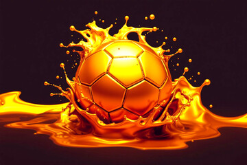 Vibrant Golden Soccer Ball Erupts in a Dynamic Splash of Liquid Metal