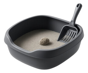 Gray cat litter box with a scoop containing clumping litter on transparent background.