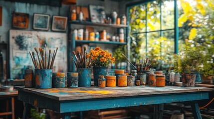Artistic workspace with paints and brushes