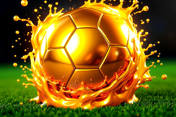 Golden Soccer Ball Erupts in Fiery Liquid on Lush Green Grass Pitch