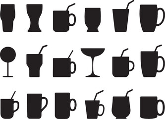 Collection of black silhouettes various cups mugs glasses