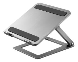 Adjustable silver aluminum laptop stand with non-slip pads designed for ergonomic support and cooling on transparent background.