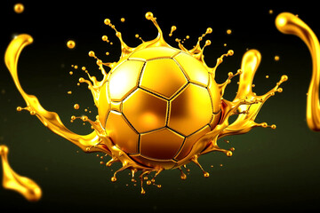 Golden Soccer Ball Splashing Liquid Metal on Dark Gradient Background