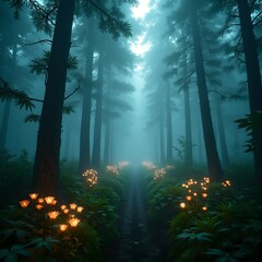 Obraz premium A magical, misty forest path illuminated by glowing flowers at dawn, creating a fairytale-like atmosphere.