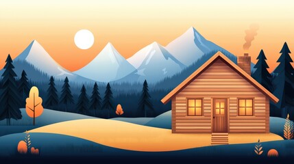 Cozy wooden cabin at sunset with warm light in mountain landscape surrounded by pine trees